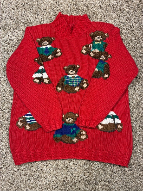 Vintage Sweaters - VTG Hand Knit Croft & Barrow Raime Cotton Chunky Teddy Bear Theme Sweater